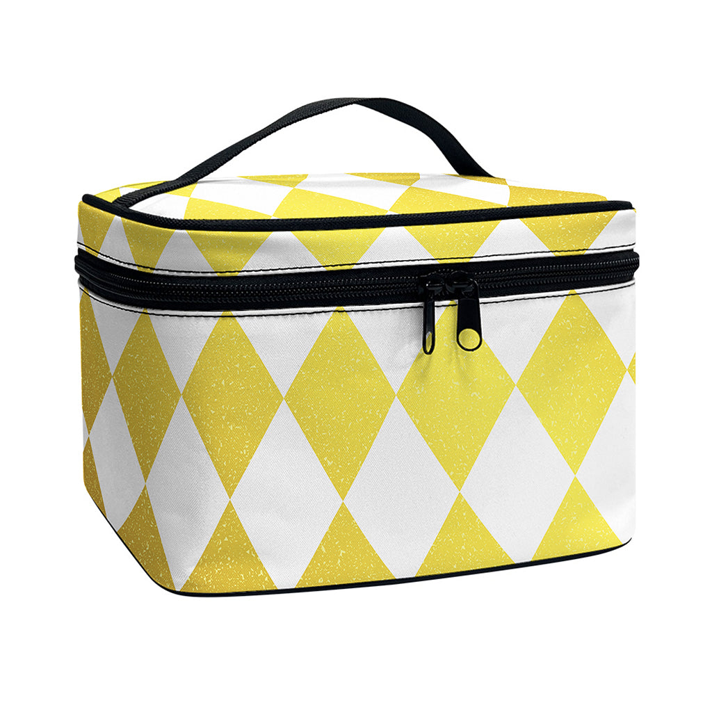 White And Gold Harlequin Pattern Print Travel Makeup Bag