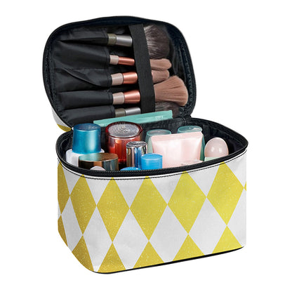 White And Gold Harlequin Pattern Print Travel Makeup Bag