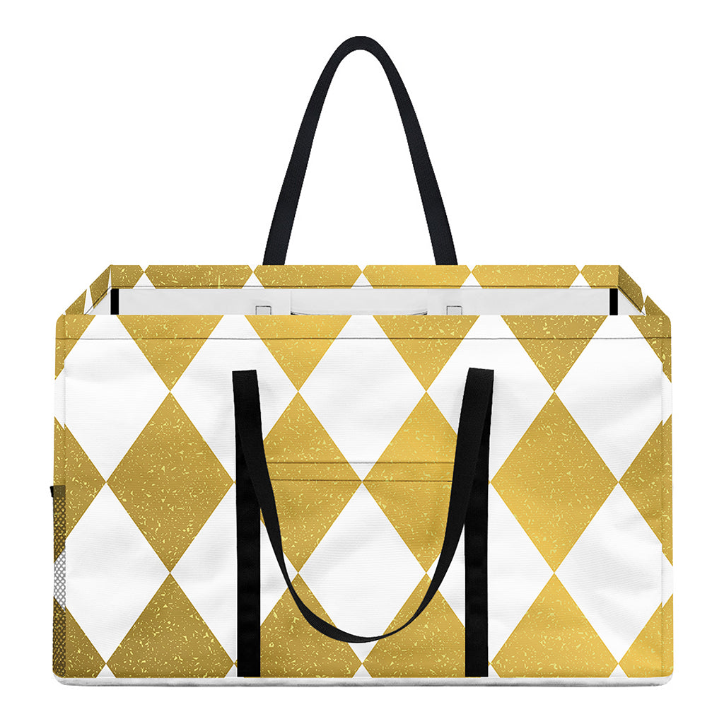 White And Gold Harlequin Pattern Print Utility Tote Bag