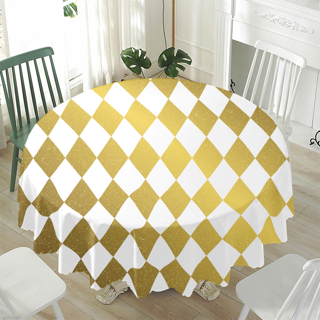 White And Gold Harlequin Pattern Print Waterproof Round Tablecloth