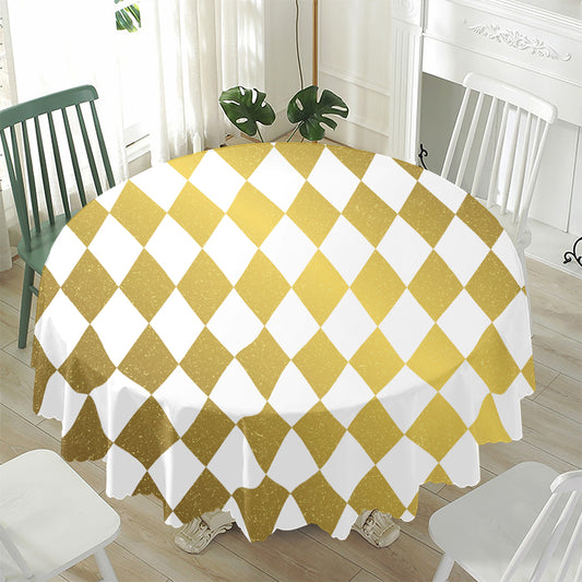 White And Gold Harlequin Pattern Print Waterproof Round Tablecloth