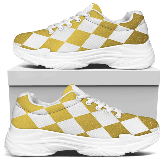 White And Gold Harlequin Pattern Print White Chunky Shoes