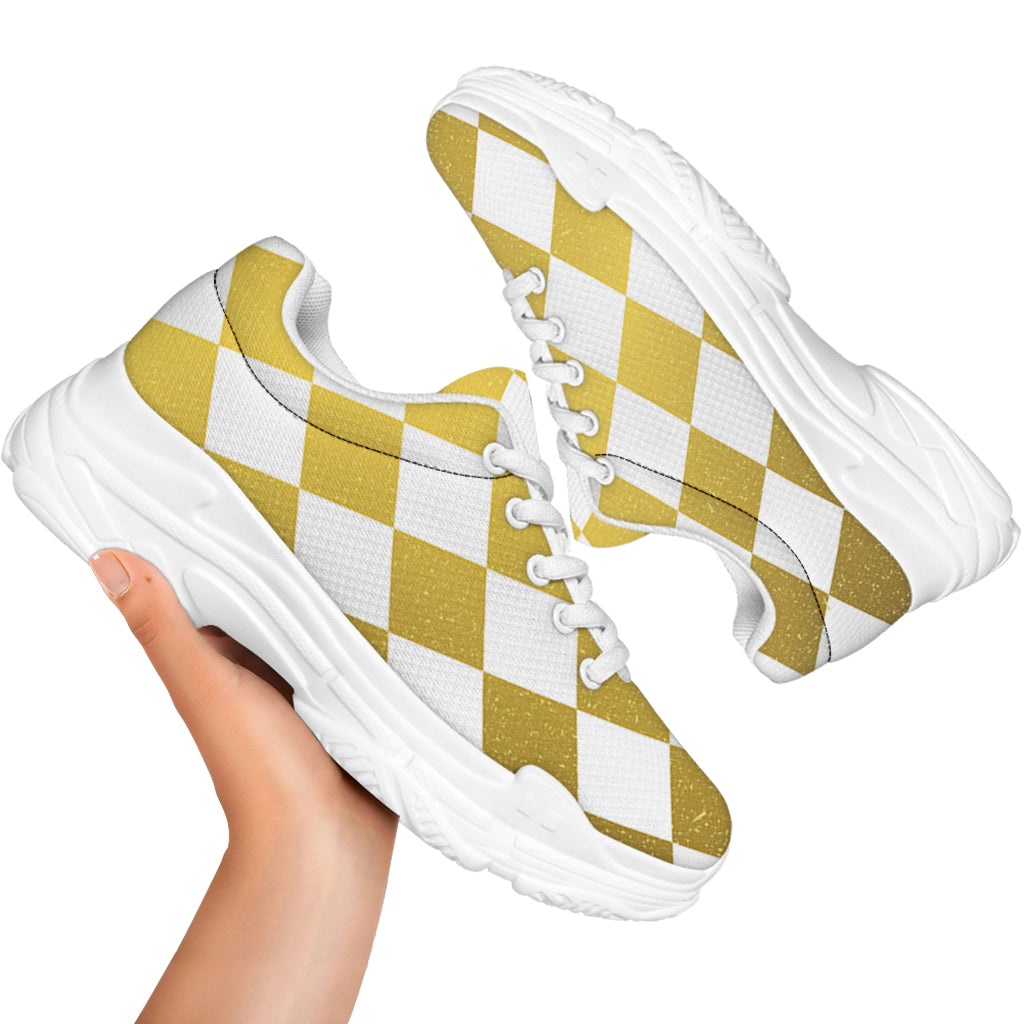White And Gold Harlequin Pattern Print White Chunky Shoes