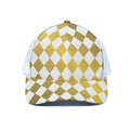 White And Gold Harlequin Pattern Print White Mesh Trucker Hat