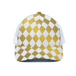 White And Gold Harlequin Pattern Print White Mesh Trucker Cap