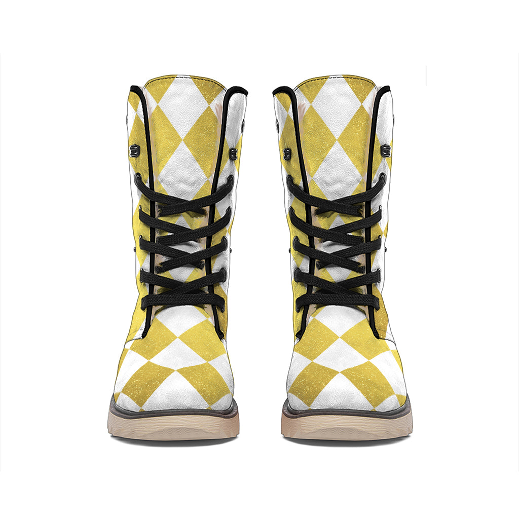 White And Gold Harlequin Pattern Print Winter Boots