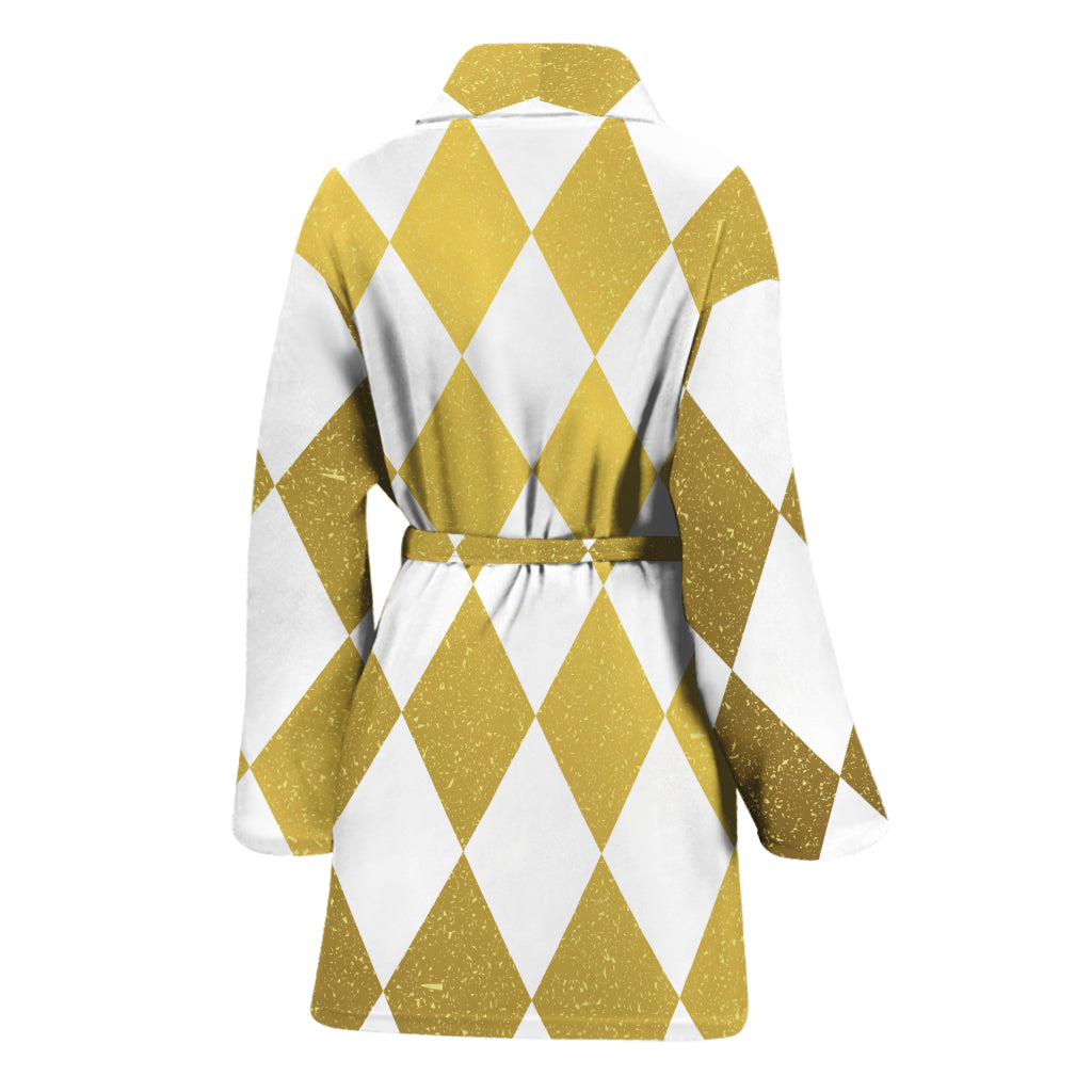 White And Gold Harlequin Pattern Print Women's Bathrobe