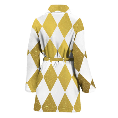 White And Gold Harlequin Pattern Print Women's Bathrobe