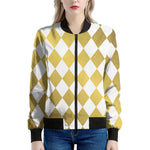 White And Gold Harlequin Pattern Print Women's Bomber Jacket