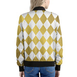 White And Gold Harlequin Pattern Print Women's Bomber Jacket