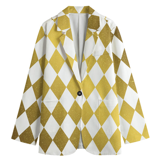 White And Gold Harlequin Pattern Print Women's Cotton Blazer