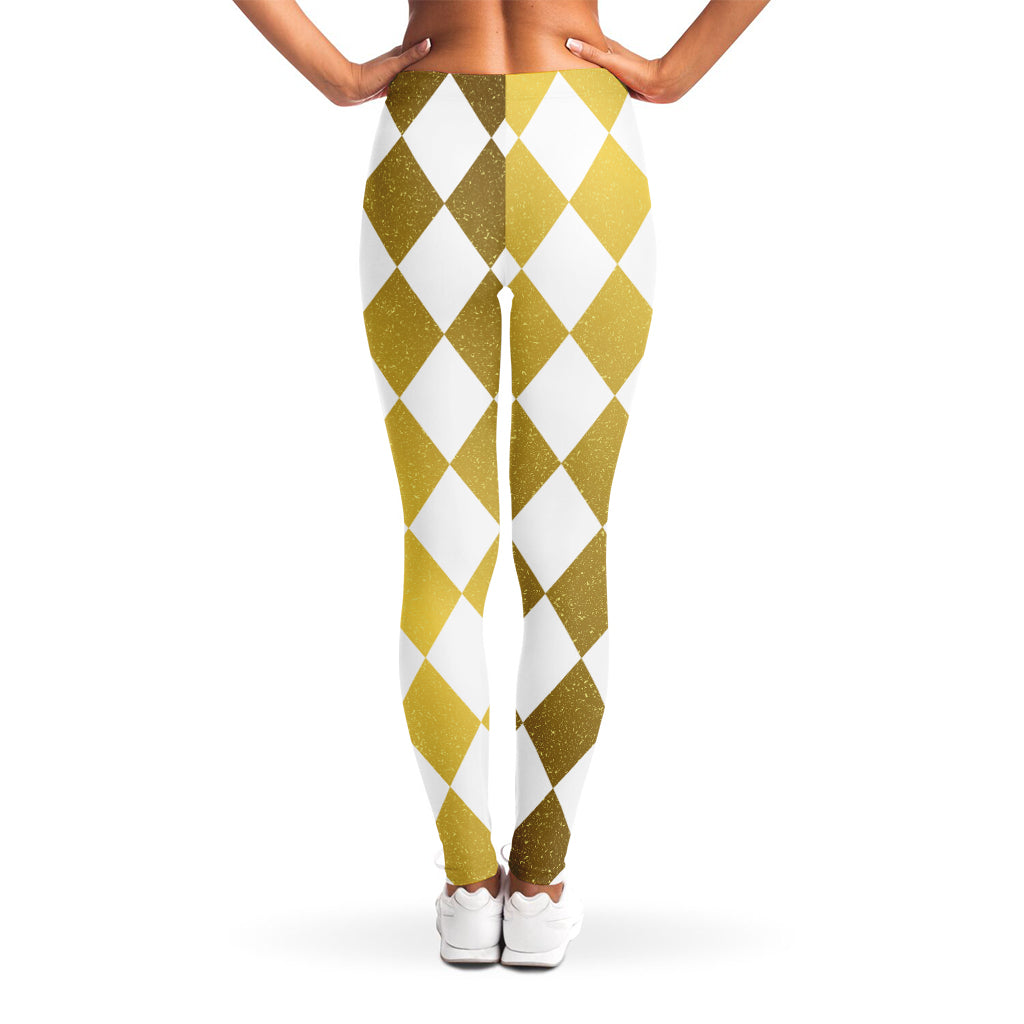 White And Gold Harlequin Pattern Print Women's Leggings