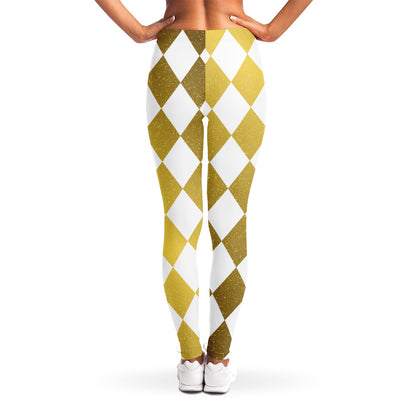 White And Gold Harlequin Pattern Print Women's Leggings