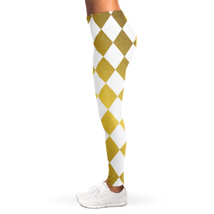 White And Gold Harlequin Pattern Print Women's Leggings