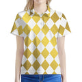 White And Gold Harlequin Pattern Print Women's Polo Shirt