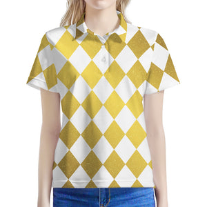 White And Gold Harlequin Pattern Print Women's Polo Shirt