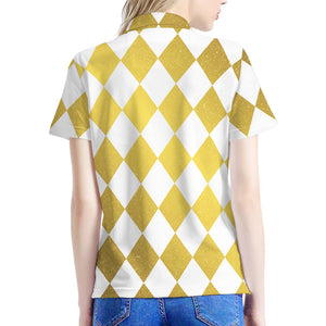 White And Gold Harlequin Pattern Print Women's Polo Shirt