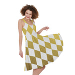 White And Gold Harlequin Pattern Print Women's Sleeveless Dress