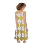 White And Gold Harlequin Pattern Print Women's Sleeveless Dress