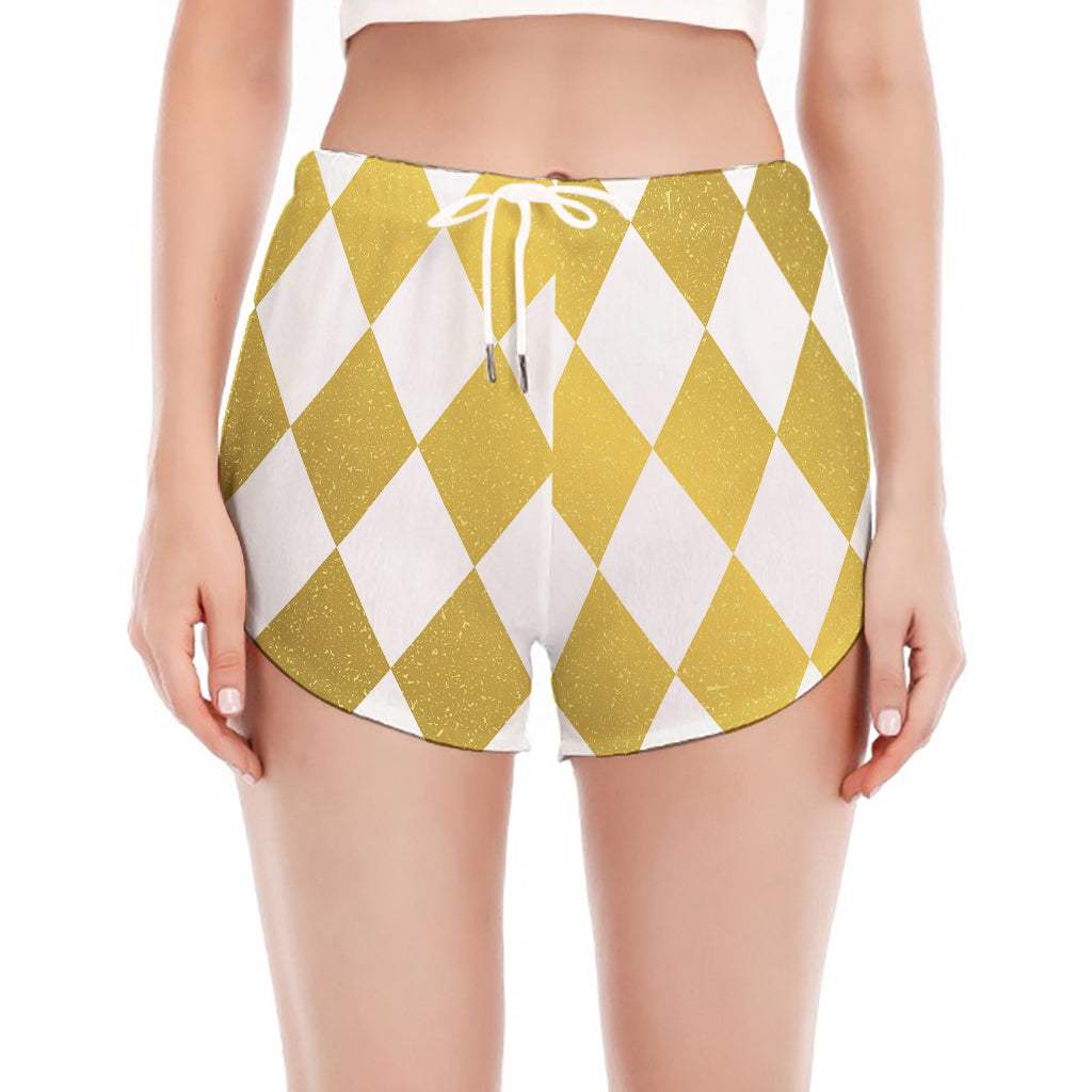 White And Gold Harlequin Pattern Print Women's Split Running Shorts