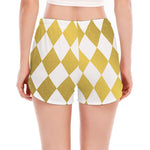 White And Gold Harlequin Pattern Print Women's Split Running Shorts