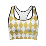 White And Gold Harlequin Pattern Print Women's Sports Bra