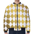White And Gold Harlequin Pattern Print Zip Sleeve Bomber Jacket