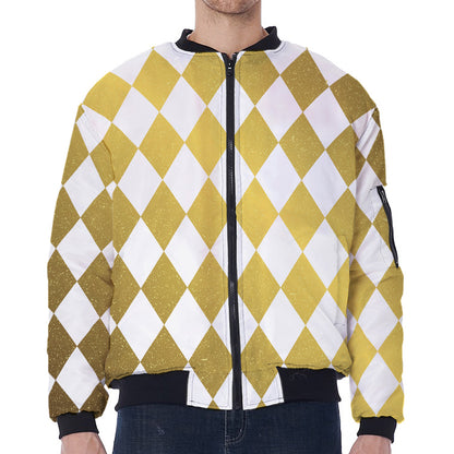 White And Gold Harlequin Pattern Print Zip Sleeve Bomber Jacket