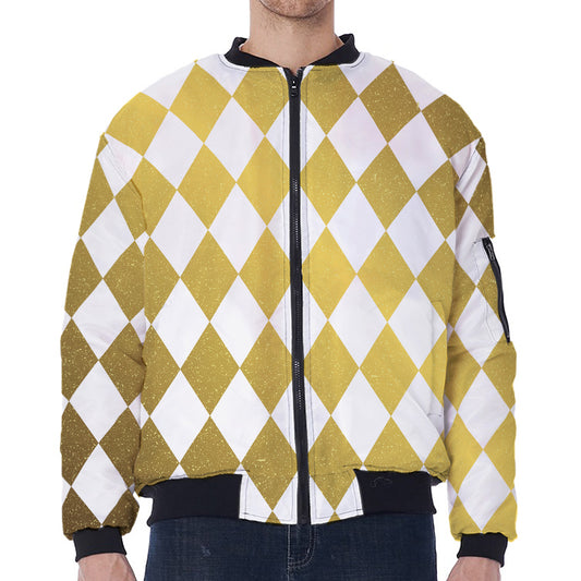 White And Gold Harlequin Pattern Print Zip Sleeve Bomber Jacket