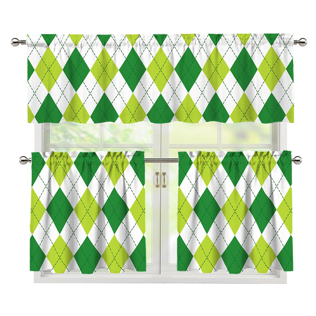 White And Green Argyle Pattern Print 3 Piece Kitchen Curtains