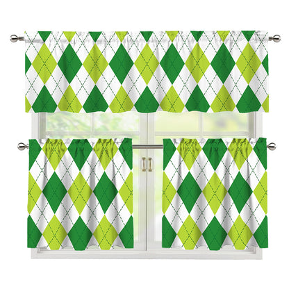 White And Green Argyle Pattern Print 3 Piece Kitchen Curtains