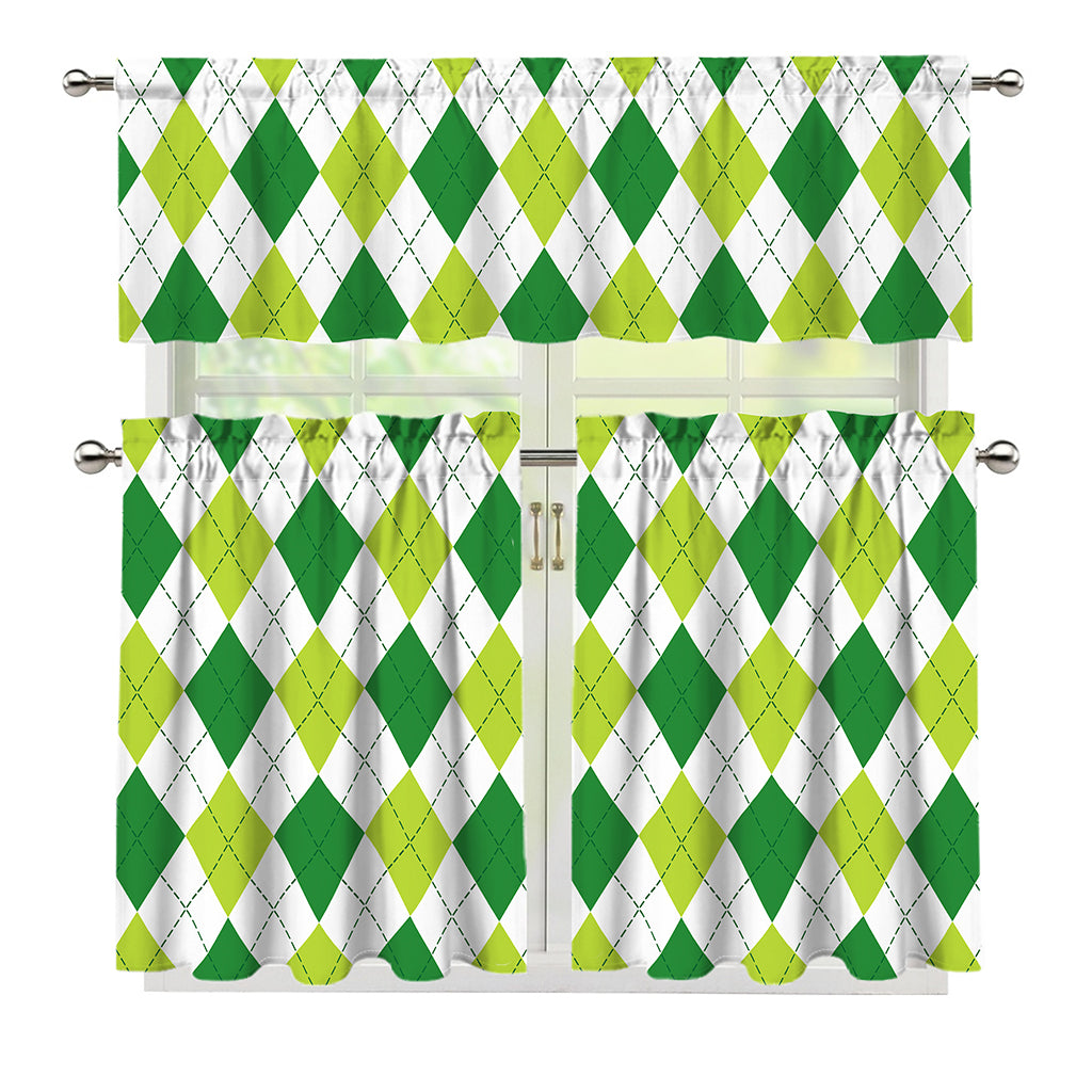 White And Green Argyle Pattern Print 3 Piece Kitchen Curtains
