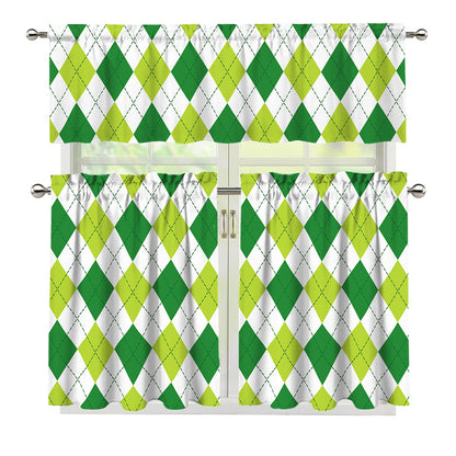 White And Green Argyle Pattern Print 3 Piece Kitchen Curtains