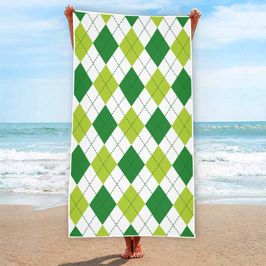 White And Green Argyle Pattern Print Beach Towel