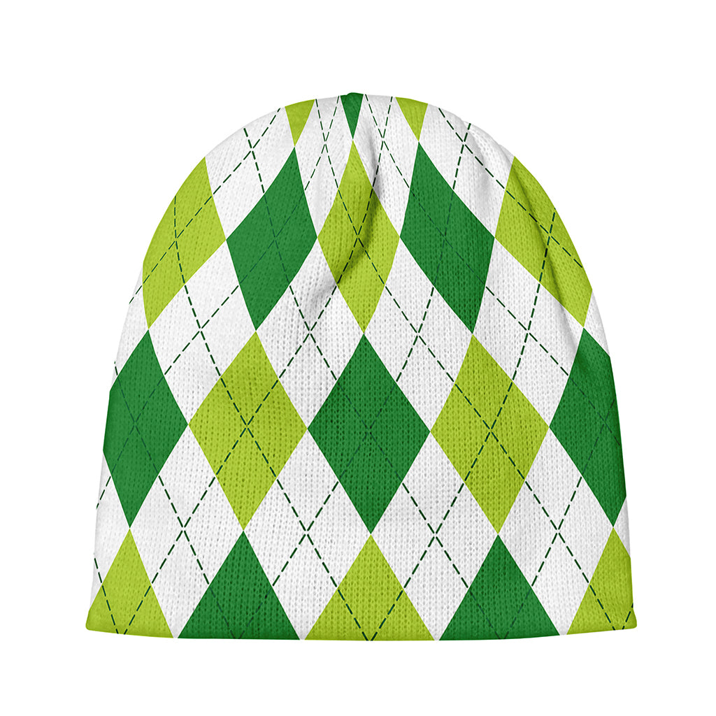White And Green Argyle Pattern Print Beanie