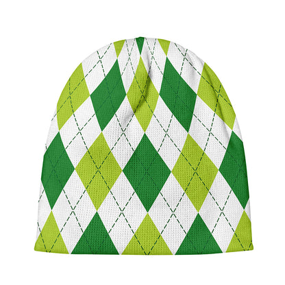 White And Green Argyle Pattern Print Beanie