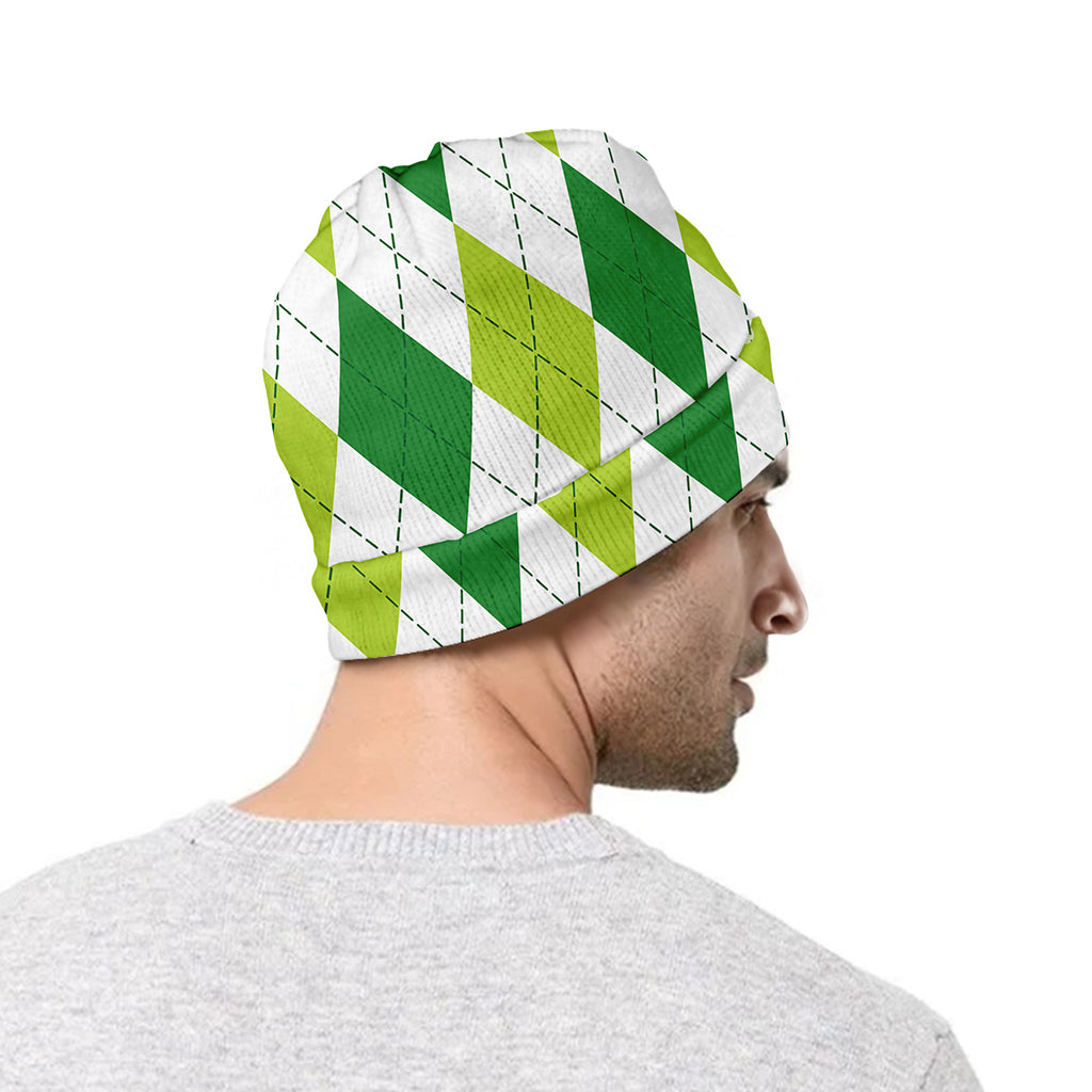 White And Green Argyle Pattern Print Beanie