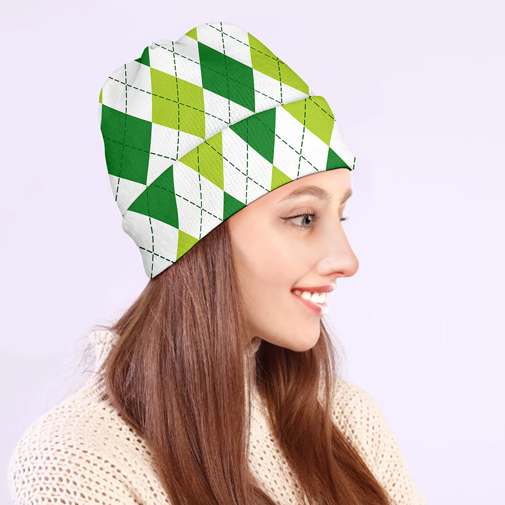 White And Green Argyle Pattern Print Beanie