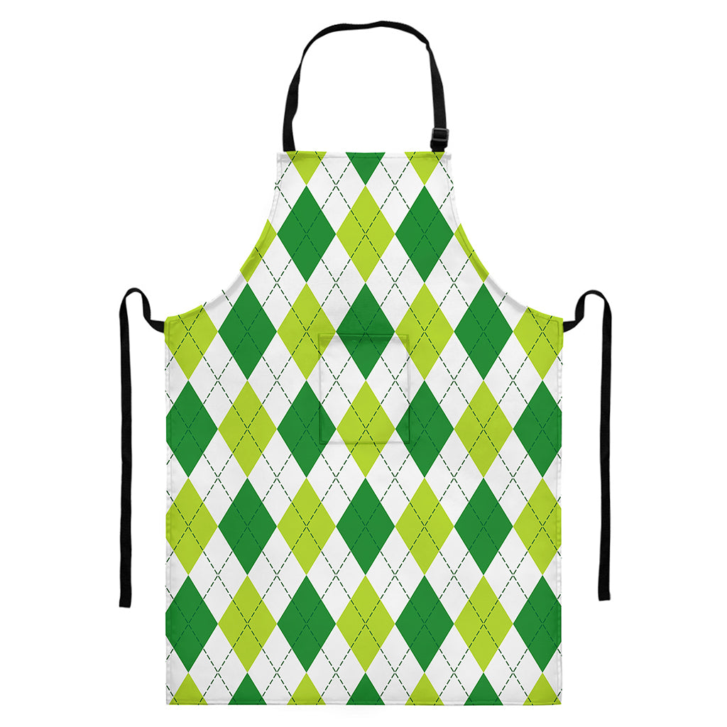 White And Green Argyle Pattern Print Bib Apron With Pocket