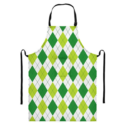 White And Green Argyle Pattern Print Bib Apron With Pocket