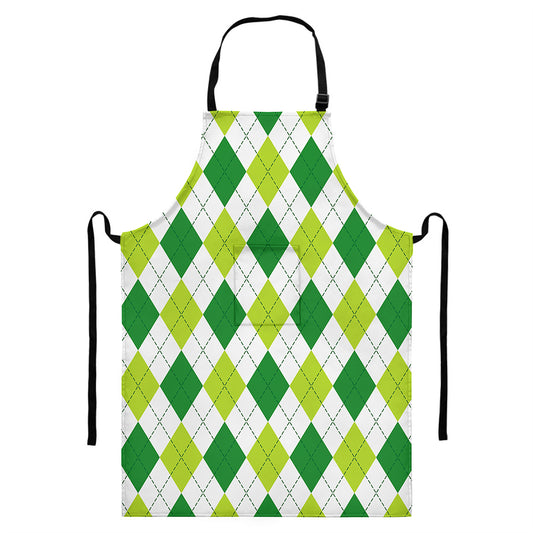 White And Green Argyle Pattern Print Bib Apron With Pocket