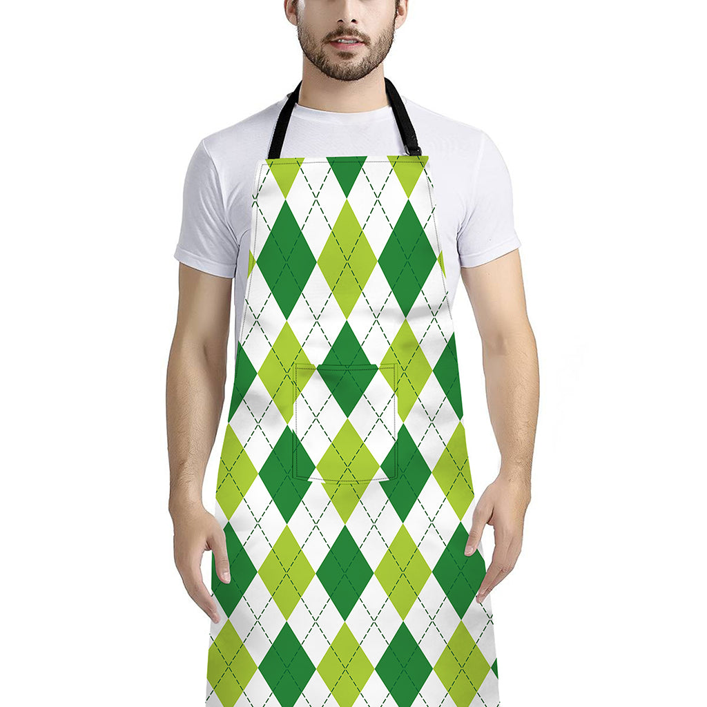 White And Green Argyle Pattern Print Bib Apron With Pocket