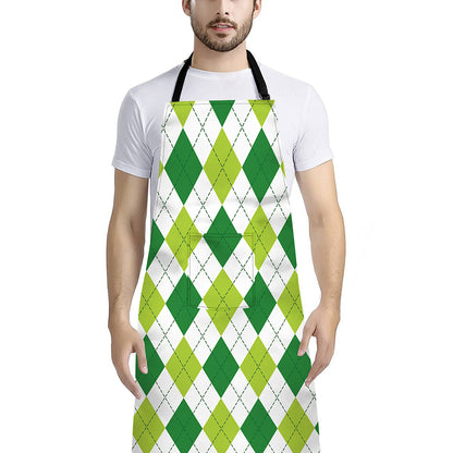 White And Green Argyle Pattern Print Bib Apron With Pocket