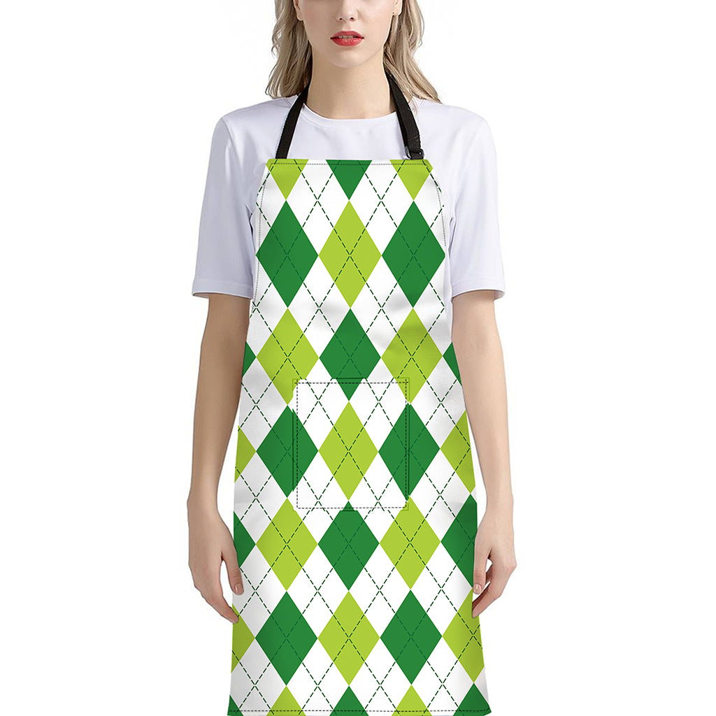 White And Green Argyle Pattern Print Bib Apron With Pocket