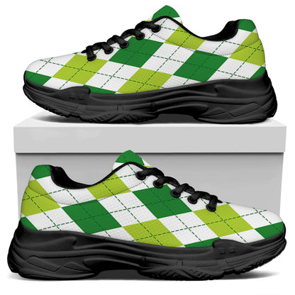 White And Green Argyle Pattern Print Black Chunky Shoes