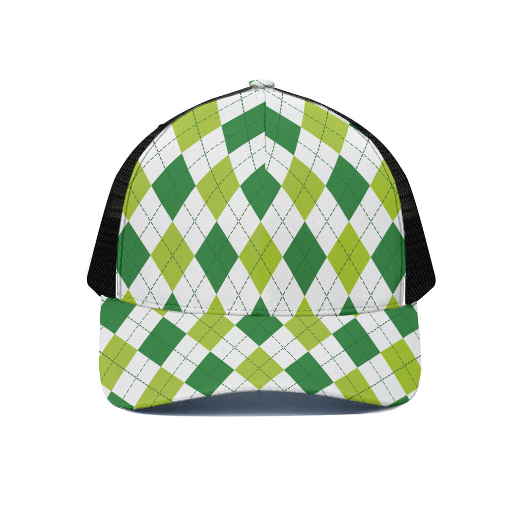 White And Green Argyle Pattern Print Black Mesh Trucker Cap