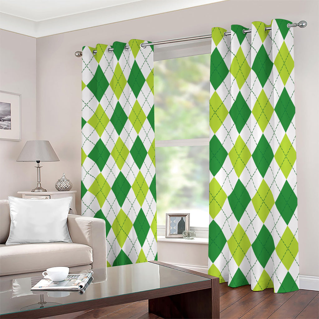 White And Green Argyle Pattern Print Blackout Grommet Curtains