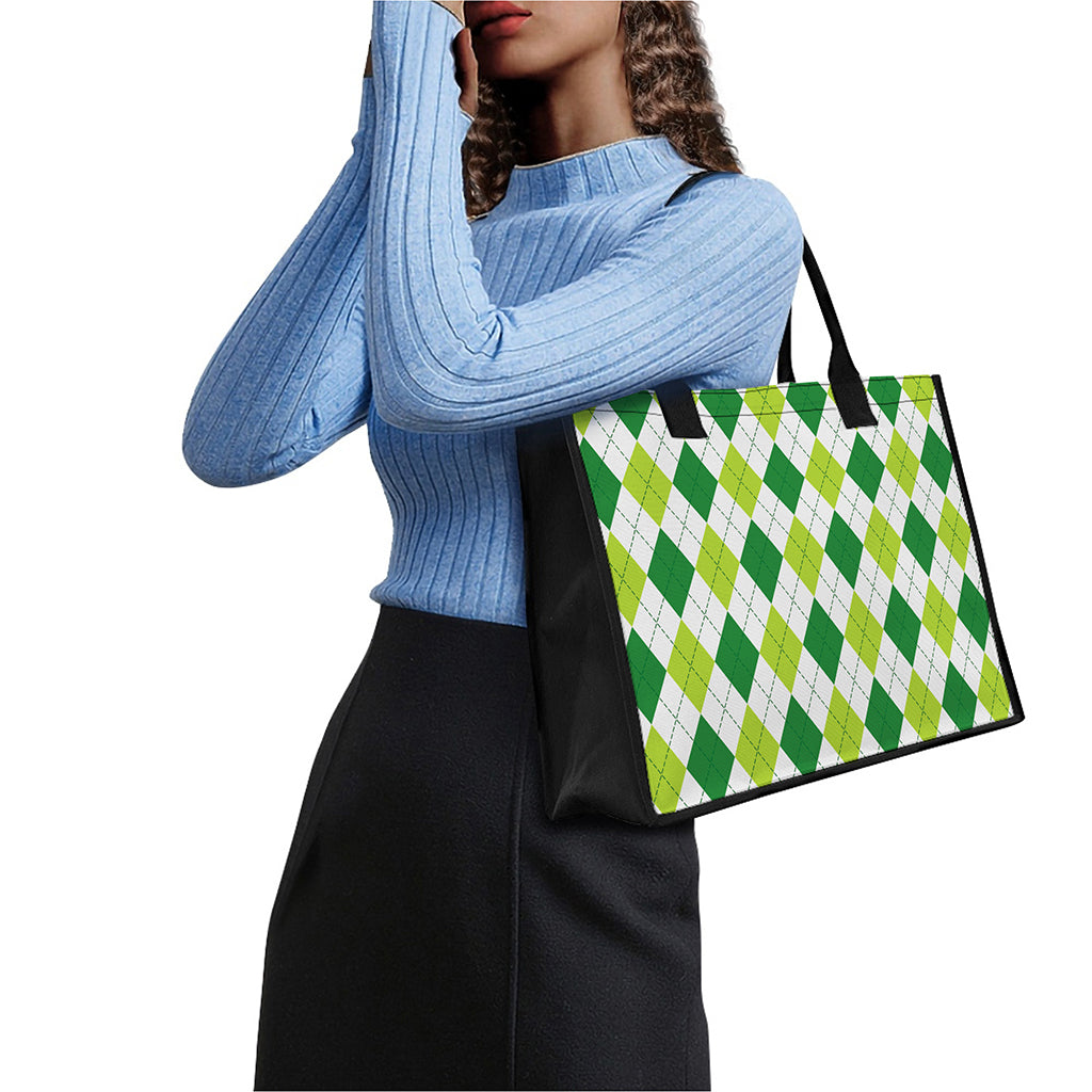 White And Green Argyle Pattern Print Canvas Tote Bag