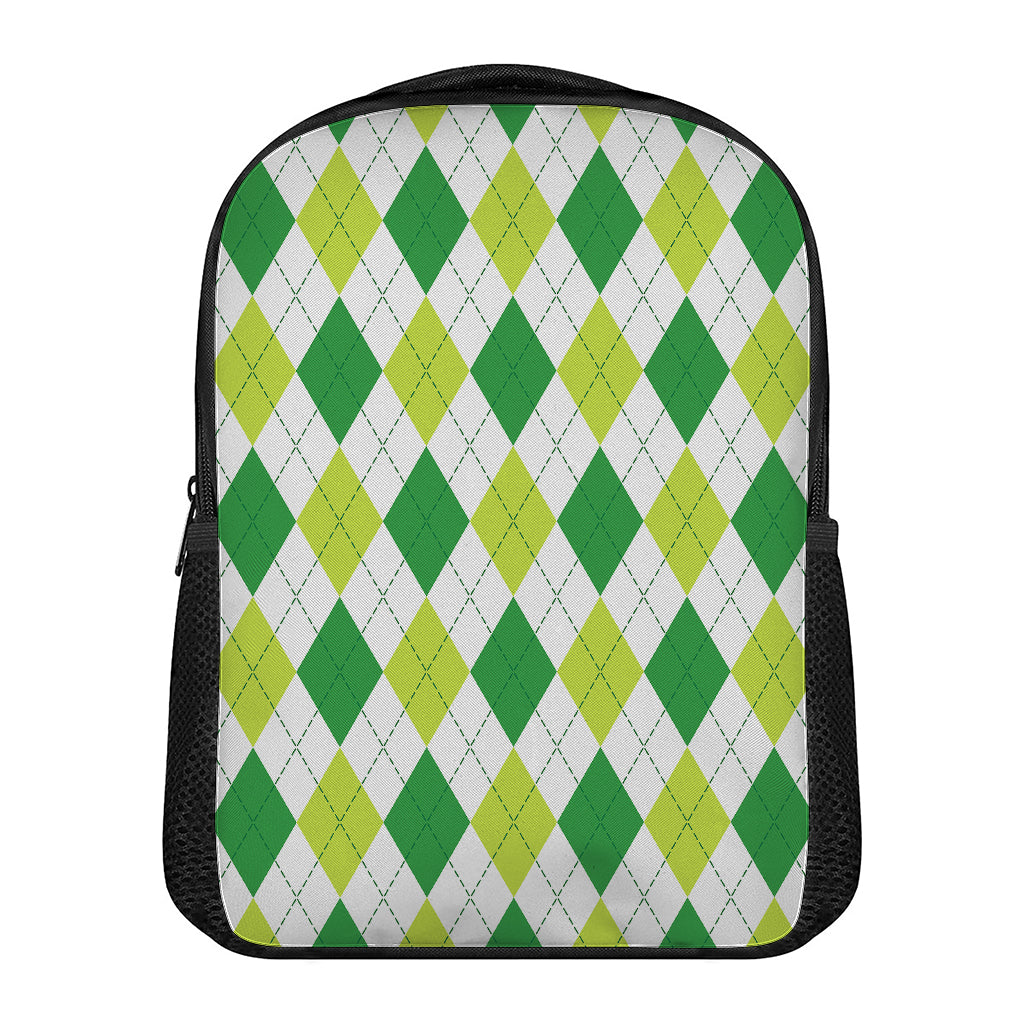 White And Green Argyle Pattern Print Casual Backpack