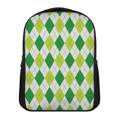 White And Green Argyle Pattern Print Casual Backpack